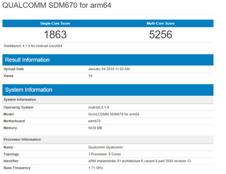 Snapdragon 670 Geekbench