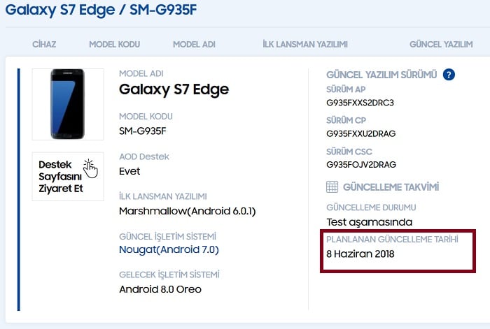 Galaxy S7 ve S7 edge Android Oreo