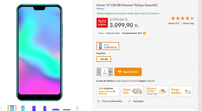 Honor 10 Türkiye fiyatı arttı