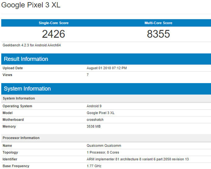 Google Pixel 3 XL Geekbench 4