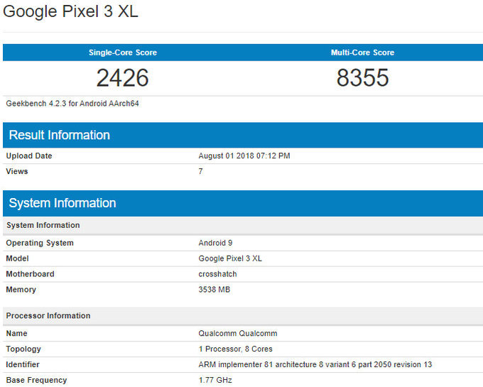 Google Pixel 3 XL Geekbench 4