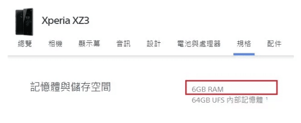 Sony Xperia XZ3 RAM