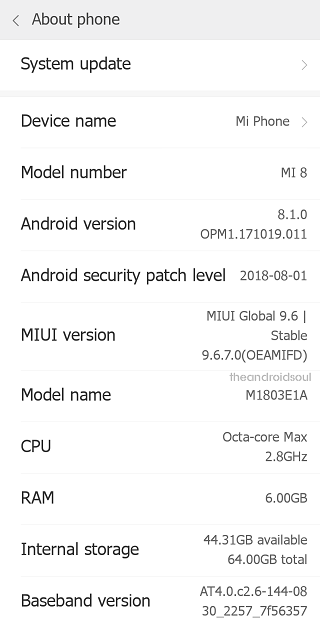 Xiaomi Mi 8 güncelleme