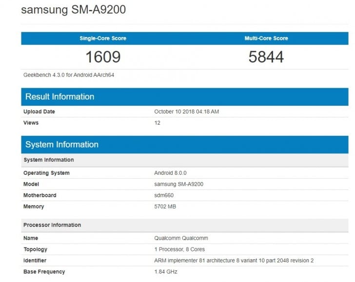 Samsung Galaxy A9 2018 Geekbench 4