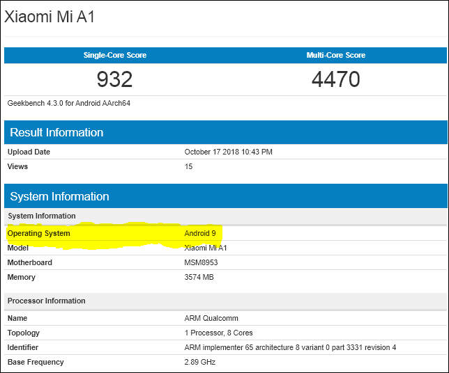 Xiaomi Mi A1 Android 9 Pie