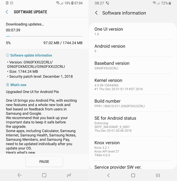 Galaxy S9 ve S9 Plus Android 9 Pie
