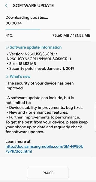 Galaxy Note 8 güncelleme