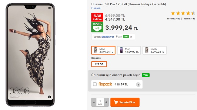 Huawei P20 Pro Türkiye fiyatı indirimde