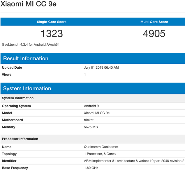 Xiaomi Mi CC9e benchmark