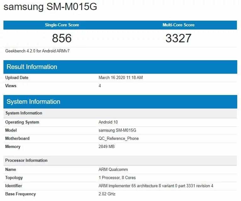 Galaxy M01 GeekBench