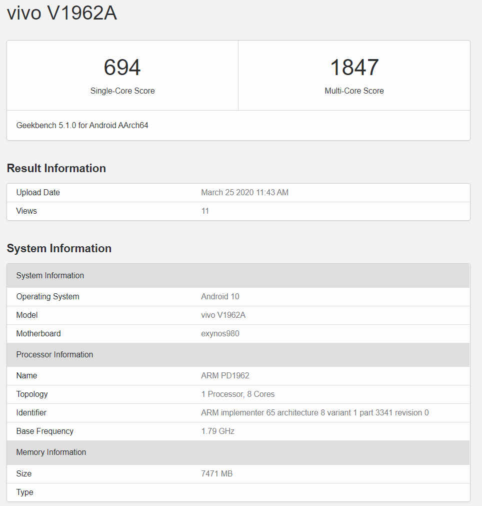 Vivo S6 5G'nin GeekBench skorları