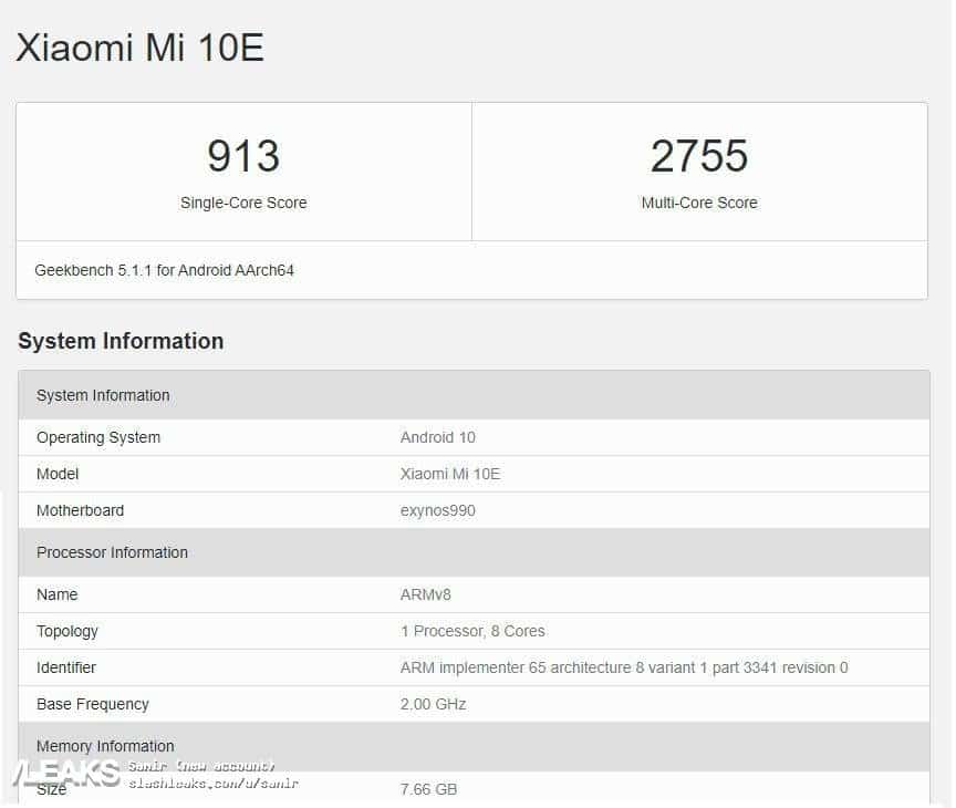 Xiaomi Mi 10e GeekBench