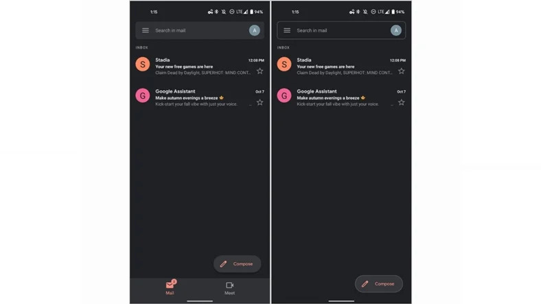 Solda Orijinal Gmail, sağda Gmail Go