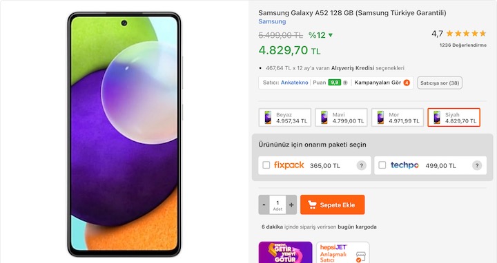 Galaxy A52 fiyatı