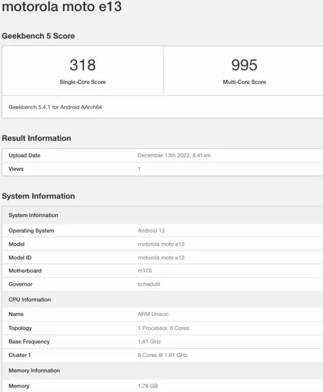 Moto E13 Geekbench