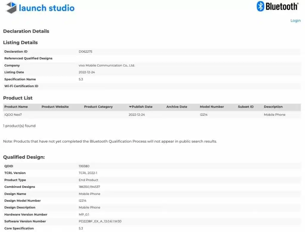 iQOO Neo 7 Bluetooth SIG  