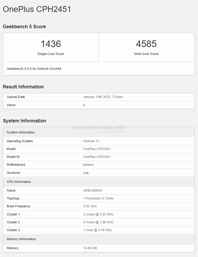 OnePlus 11 Küresel Sürümü Geekbench