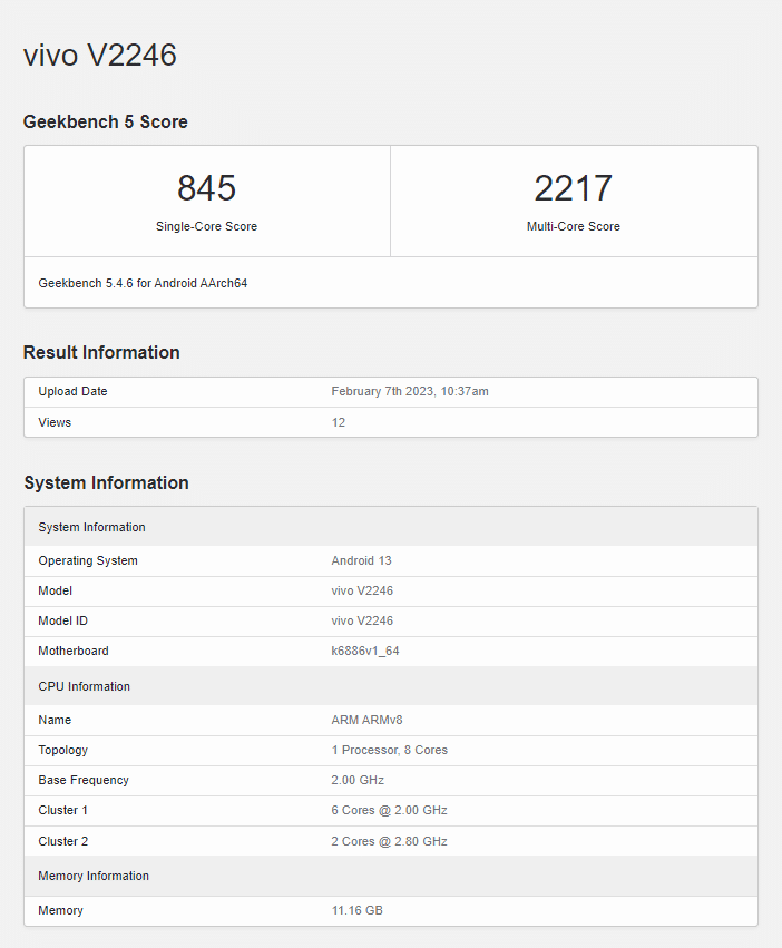 Vivo V27 Geekbench