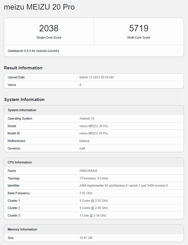 Meizu 20 Pro Geekbench