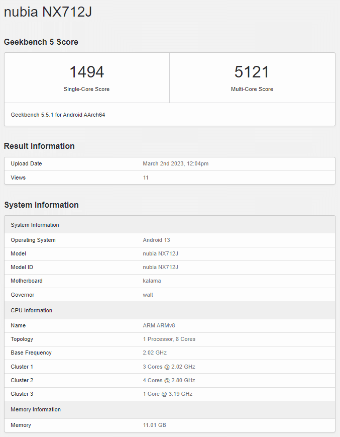 Nubia Z50 Ultra Geekbench