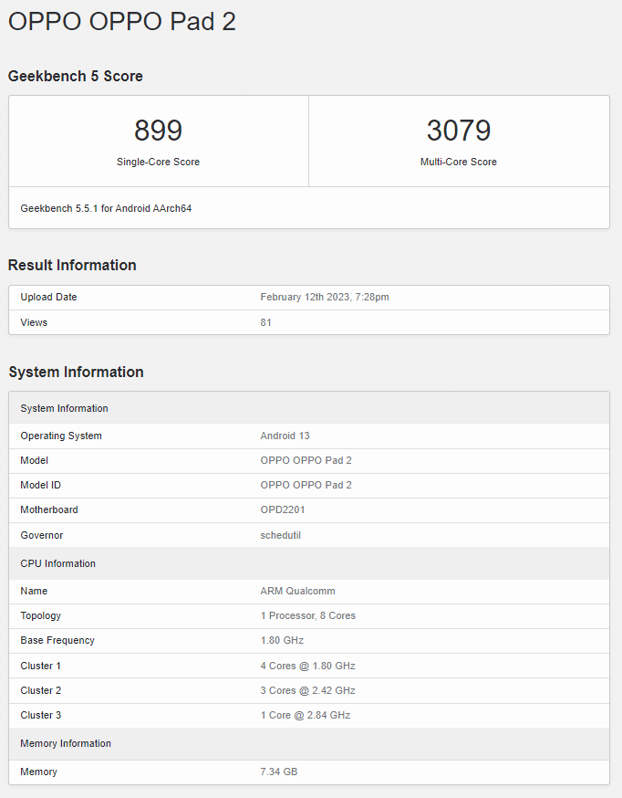 OPPO Pad 2 - Geekbench