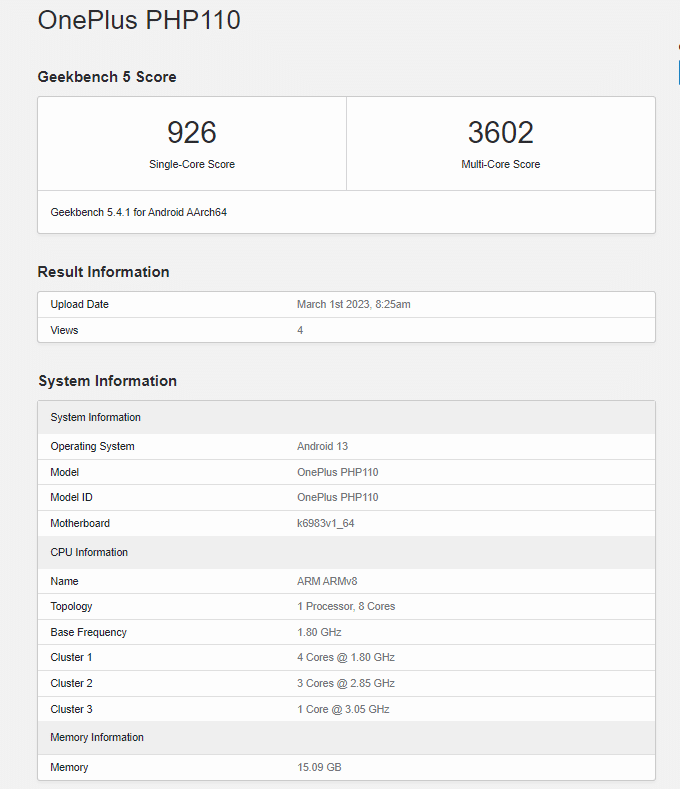 OnePlus Ace 2V Geekbench