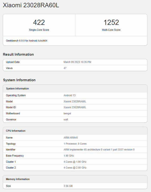 Redmi Note 12 4G Geekbench