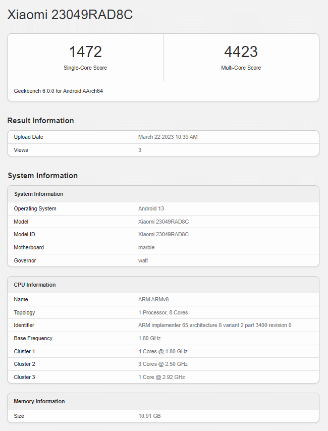 Redmi Note 12 Turbo Geekbench