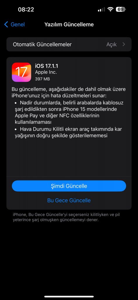 iOS 17.1.1 Güncellemesi