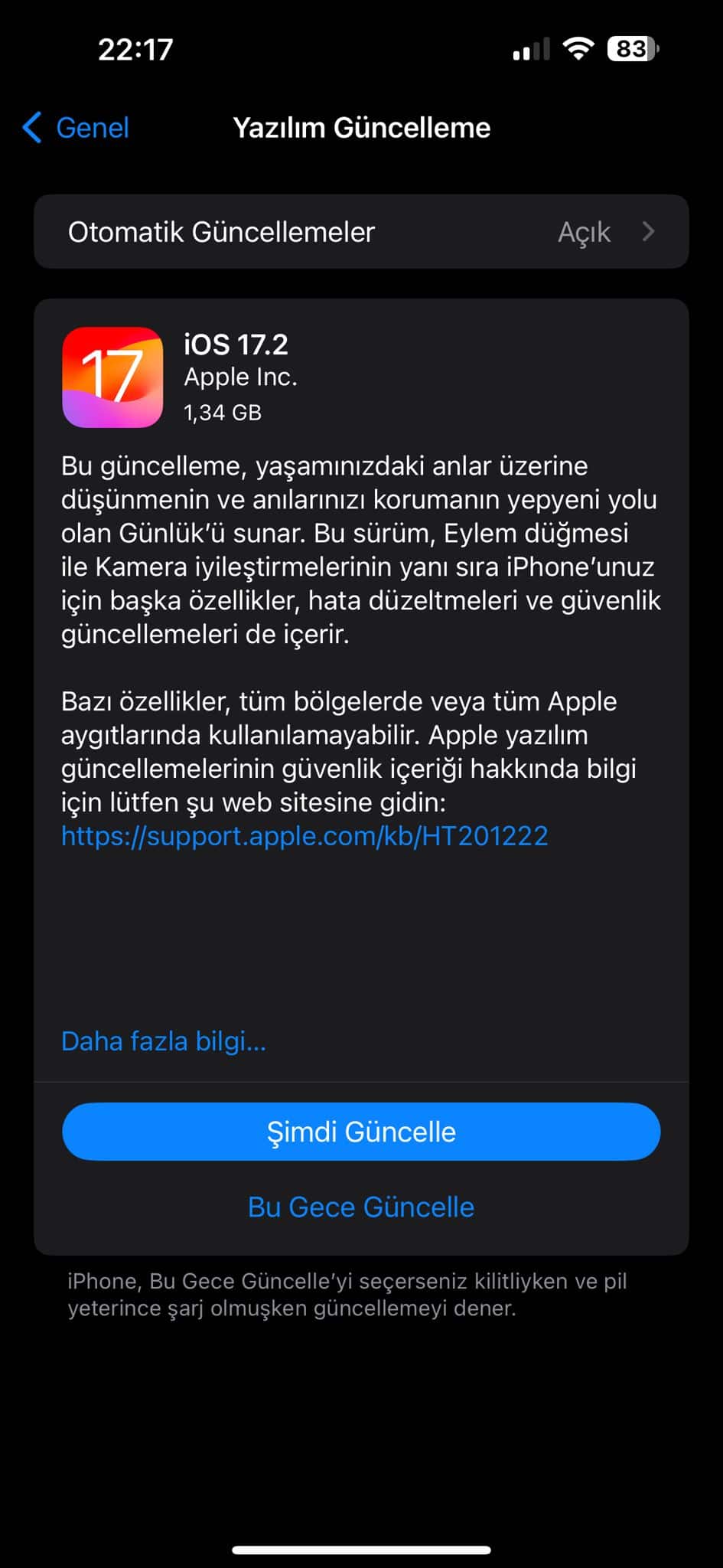 iOS 17.2 Güncellemesi