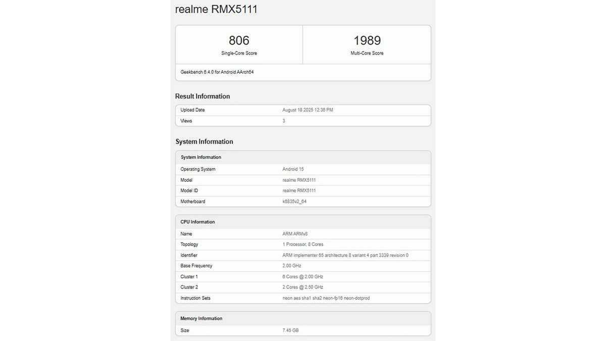 realme 15T’nin Gücü Geekbench Skorlarıyla Doğrulandı