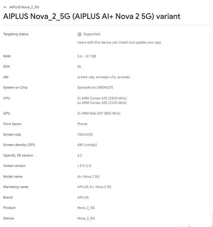 Ai+ Nova 2 5G Google Play Console’da Göründü