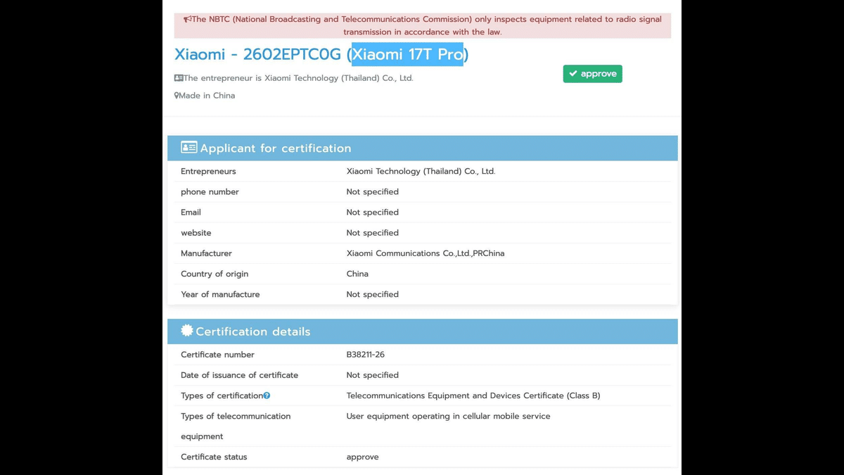 Xiaomi 17T Pro NBTC Sertifikasında Görüldü