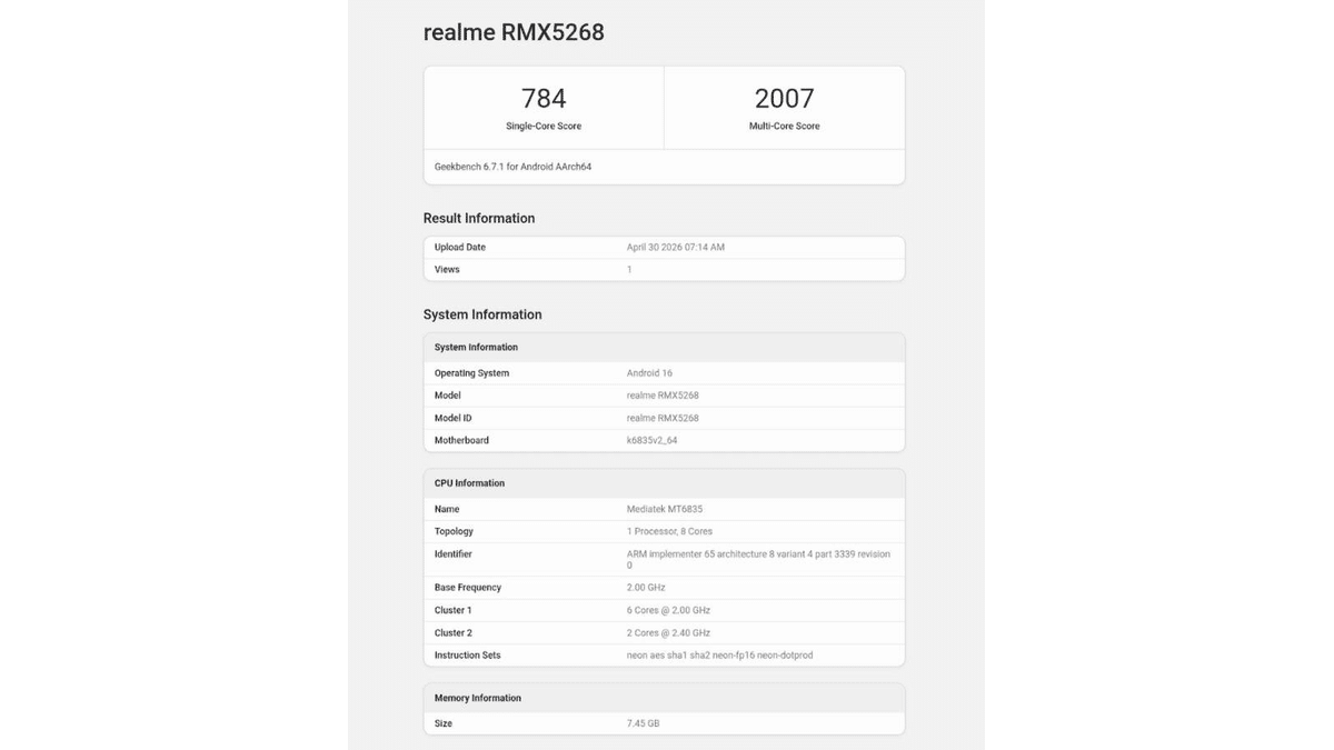 Realme 16T Geekbench’te Göründü