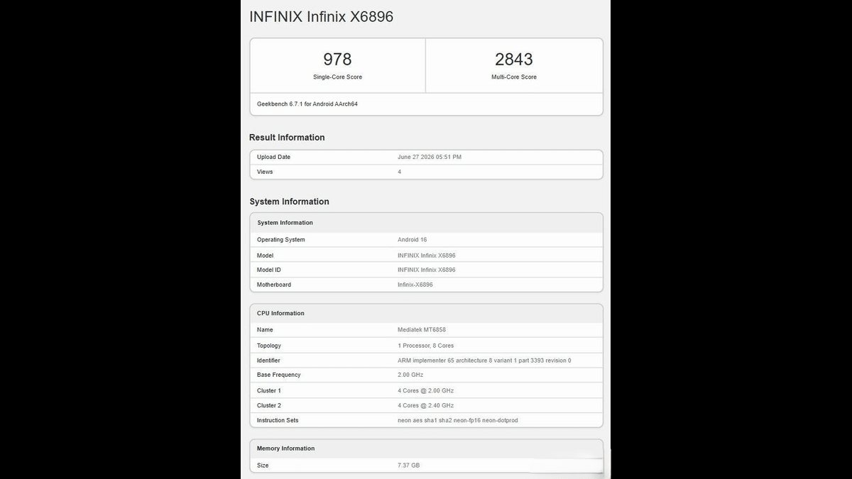 Infinix Hot 70 Pro Geekbench’te Görüldü