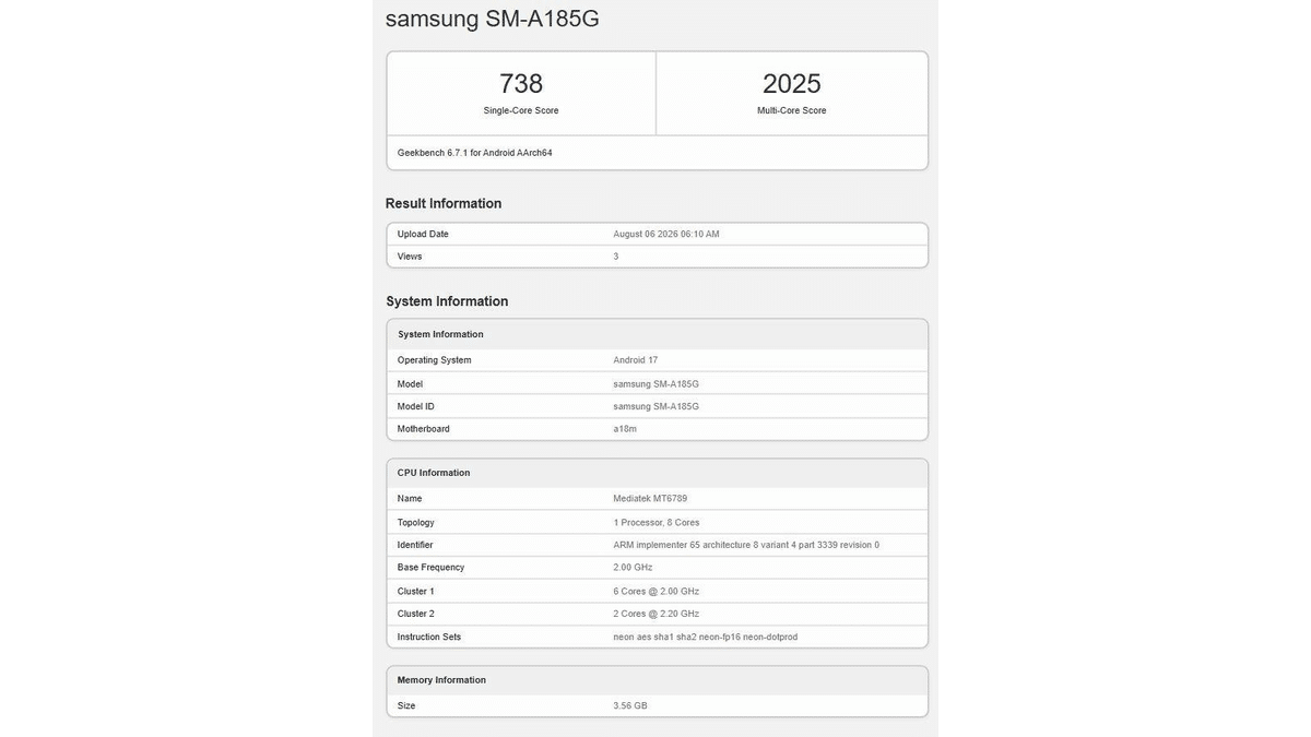 Galaxy A18 4G Tanıtım Öncesi Geekbench’te Yakalandı