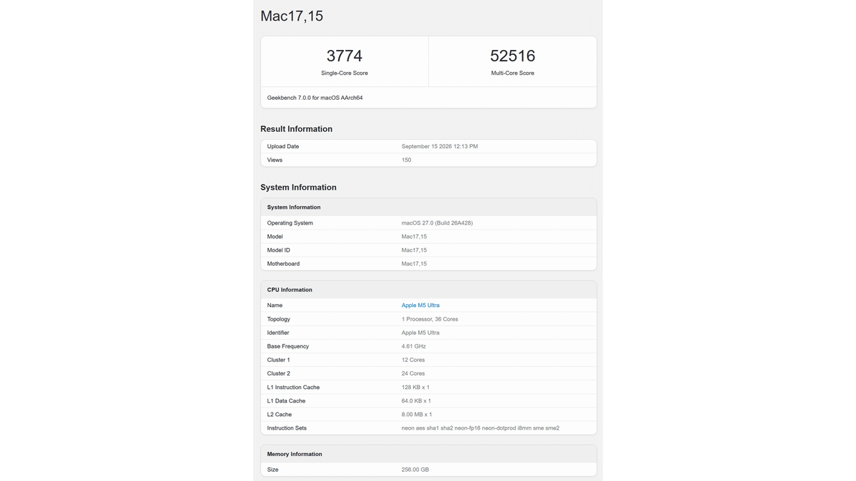 Apple M5 Ultra Geekbench 7 Testinde Canavara Dönüştü